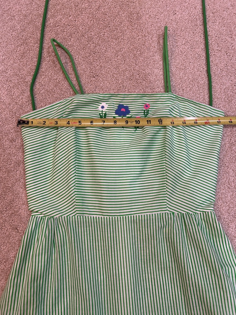 Vintage 70s 80s Green Striped Sundress Floral Embroidered Cottagecore M - Picture 8 of 10
